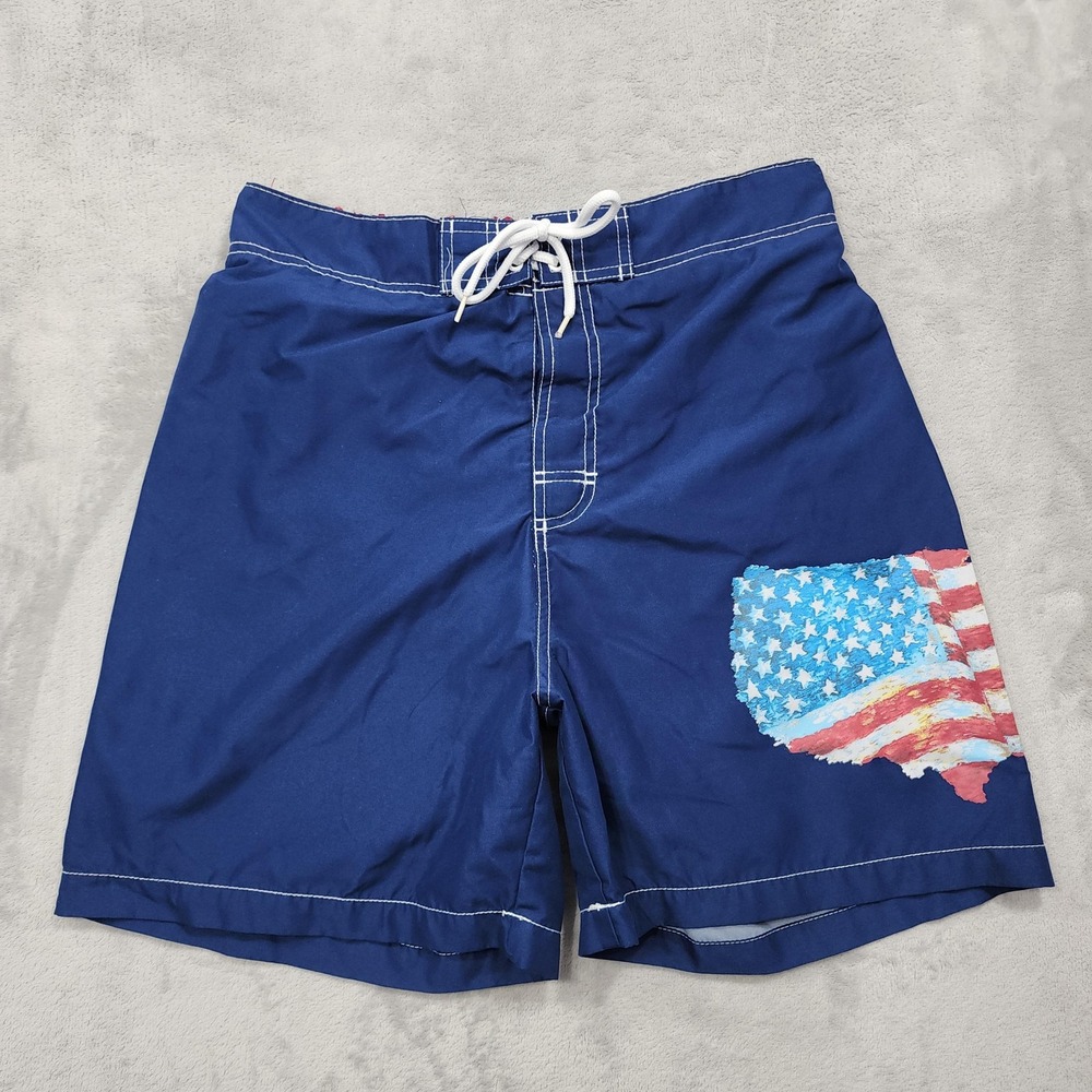 Faded Glory Swim Trunks Mens M Blue USA Flag Patriotic Lined Drawstring Beach